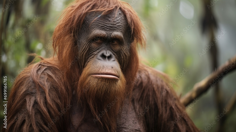 sad-looking orangutan in a degraded forest, emphasizing habitat destruction generative ai