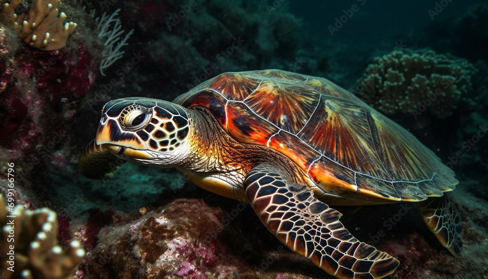 A turtle swims in the colorful underwater reef, surrounded by fish generated by AI A turtle swims in the colorful underwater reef, surrounded by fish generated by AI