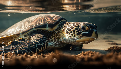 A slow, cute turtle swimming in the blue underwater sea generated by AI © Stockgiu