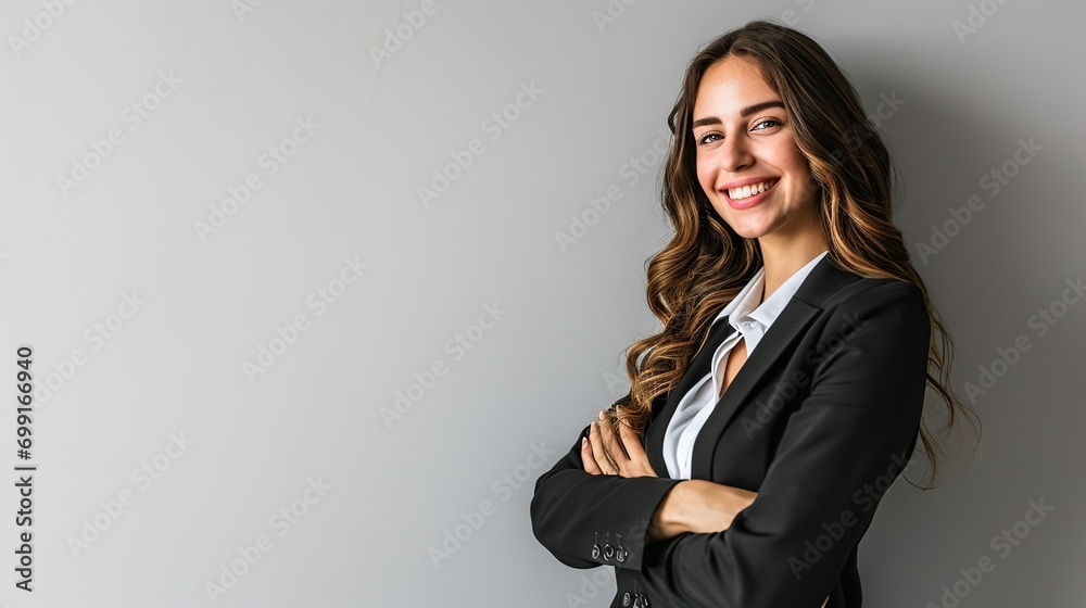 Happy young business woman posing isolated over grey wall a white background Happy young business woman posing isolated over grey wall a white background