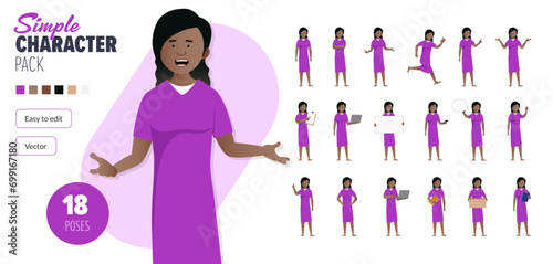 Simple flat black female vector character in a set of multiple poses. Easy to edit and isolated on a white background. Modern trendy style character mega pack with lots of poses.