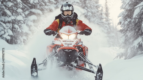 A man is riding a snowmobile in the snow