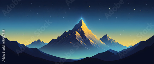 Mountain Landscape wallpaper, Wide Panoramic View of mountain peak background, starry night sky, blue and yellow colors