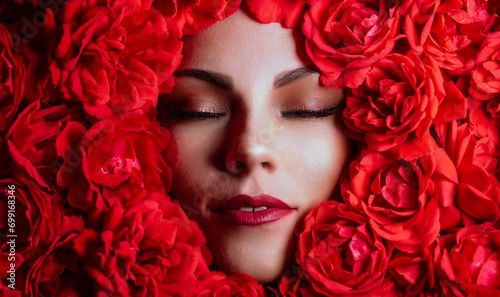 Portrait beautiful woman face with perfect make-up in roses flowers decoration
