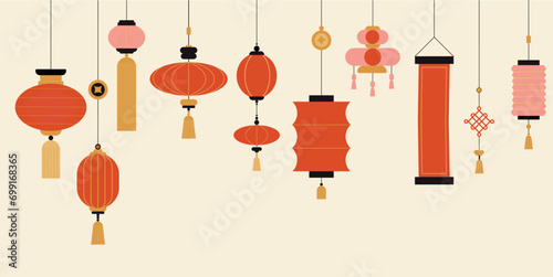 Chinese lanterns background. Traditional red Asian lamps. New year celebration banner. Contemporary decorative poster. Festive garland and copy space for text. Minimalist design vector illustration