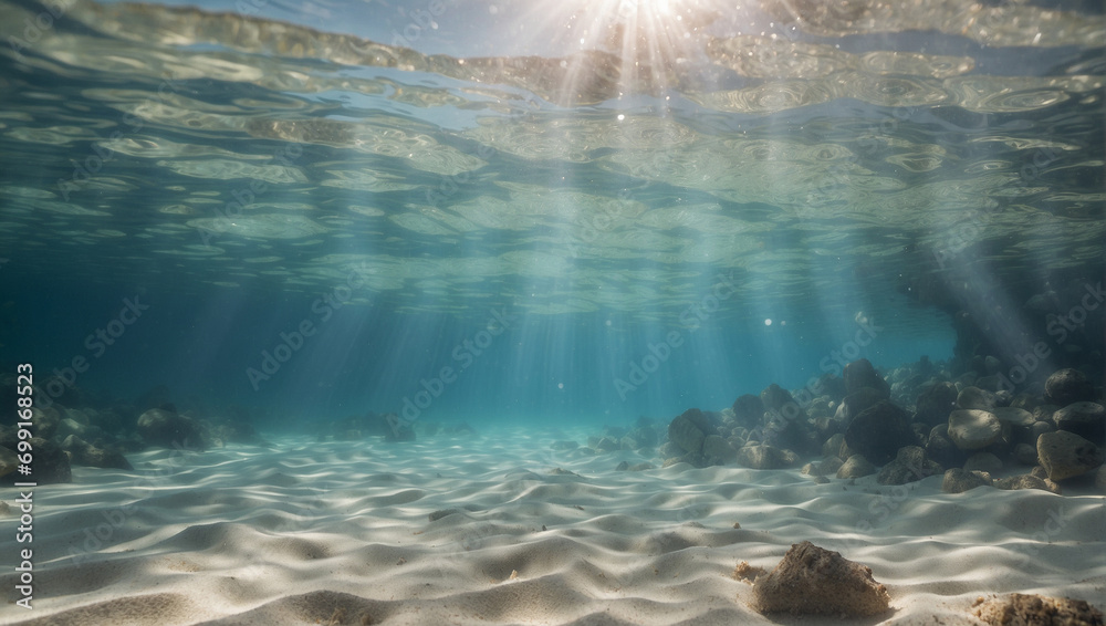 The sunlight penetrates sand on the beach underwater