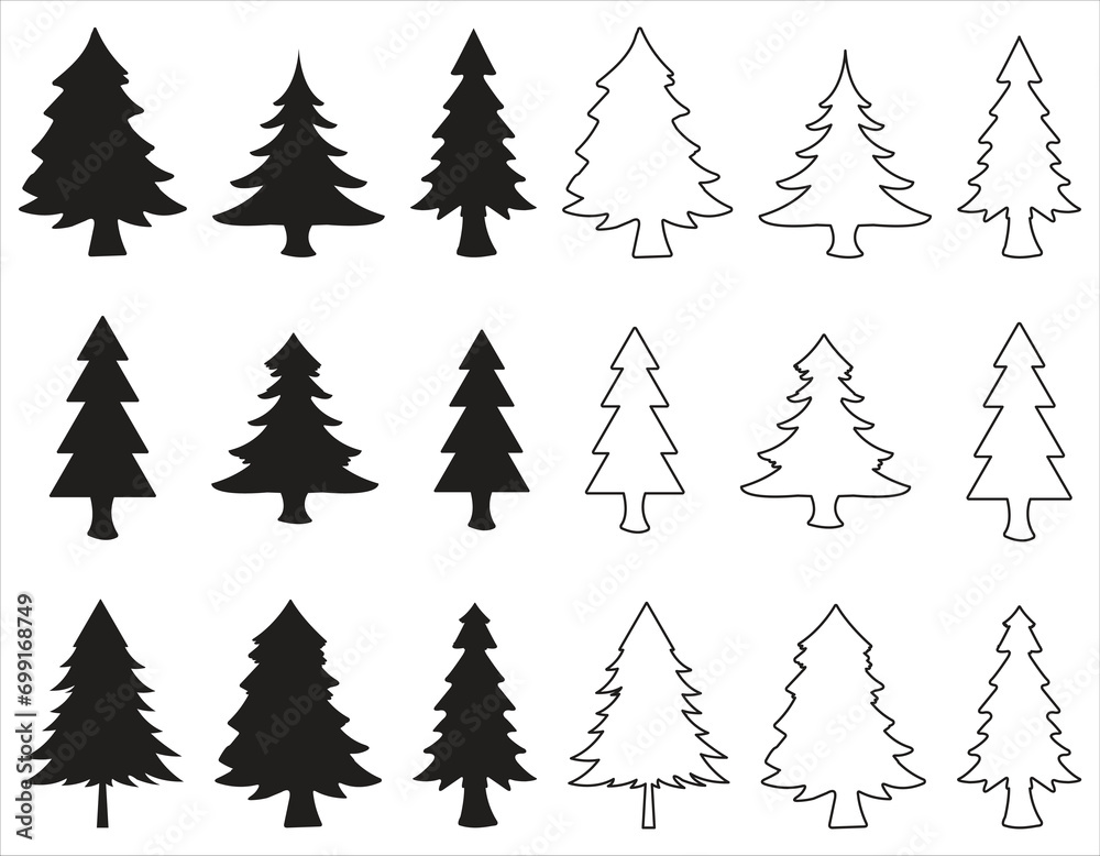 Vector set of cartoon Christmas trees, pines for greeting cards, invitations, banners, web. New Year's and Christmas traditional symbol tree with garlands, light bulbs, and stars. Winter holiday. Icon