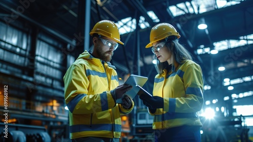 Male and Female Industrial Engineers in Hard Hats Discuss New Project while Using Tablet Computer. They Make Showing Gestures.They Work at the Heavy Industry Manufacturing Factory