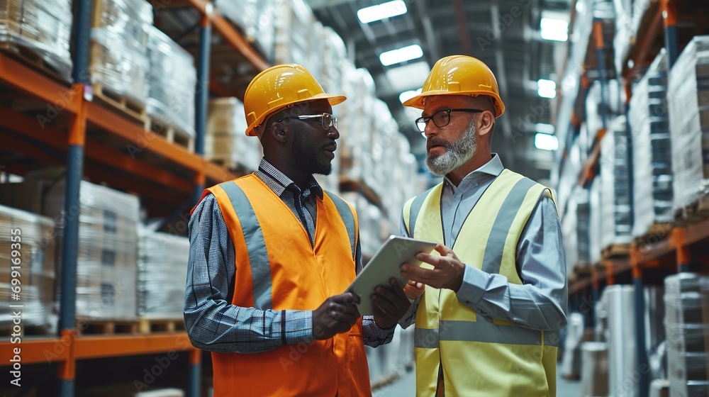 Male supervisors with tablet standing in a warehouse, talking Male supervisors with tablet standing in a warehouse, talking