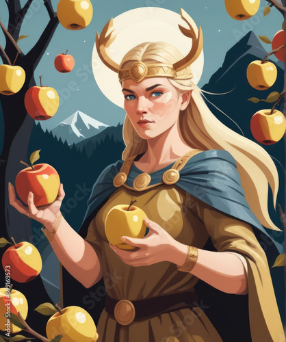 Close-up Portrait of Nordic God Idun Protecting Her Golden Apples - Flat Illustration Contemporary Vector Art Gen AI photo