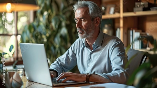 man working online with laptop computer at home sitting at desk. Businessman in home office, browsing internet. Portrait of mature age, middle age, mid adult man in 50s photo