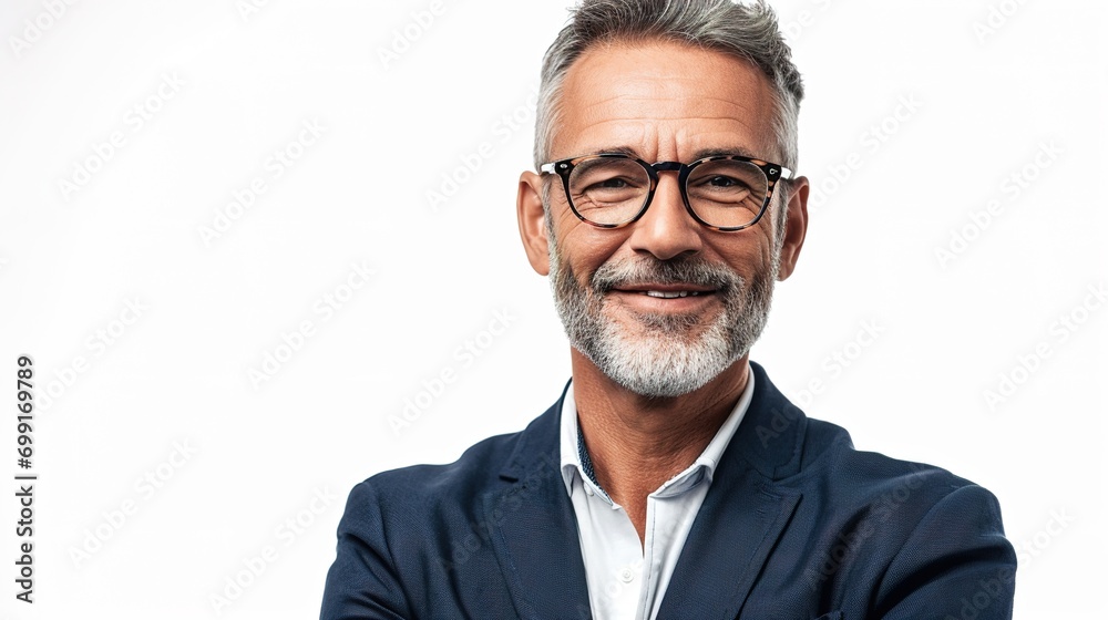 Mature businessman studio standing isolated on white background looking camera smiling cheerful close-up Mature businessman studio standing isolated on white background looking camera smiling cheerful close-up