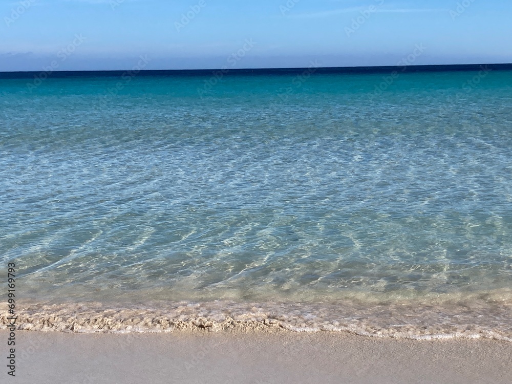 Cobalt and turquoise Tyrrhenian Sea and sandy beach in Mondello Sicily 