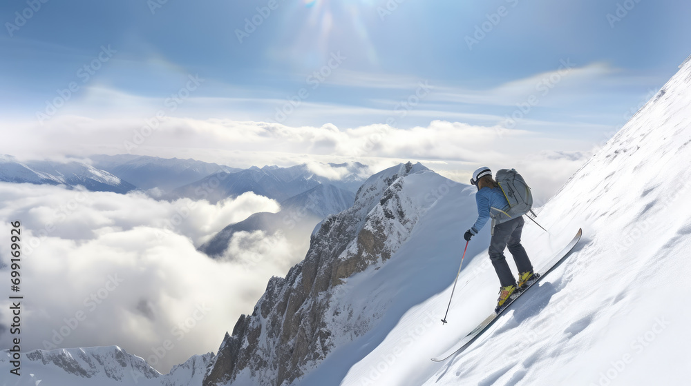 Back view of a fearless woman skier standing atop a snow-covered mountain