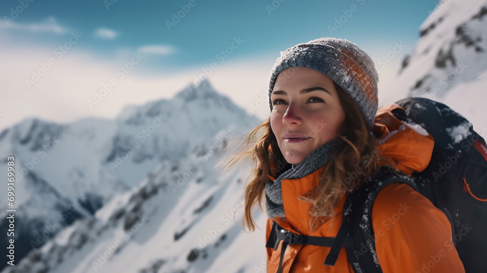 Back view of a fearless woman skier standing atop a snow-covered mountain