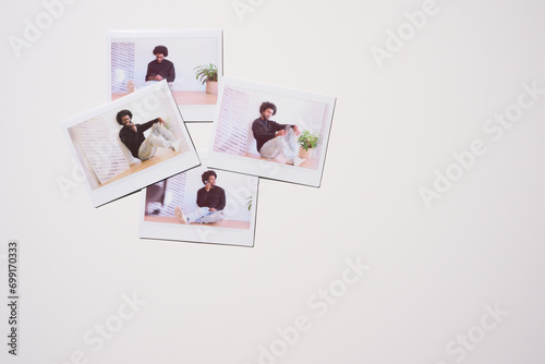 casual arrangement of Polaroid photos capturing a young man in moments of relaxation and contemplation at home, highlighting modern urban lifestyle nuances. photo