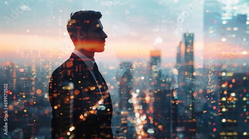 Multiple exposure shot of handsome young businessman superimposed on a cityscape
