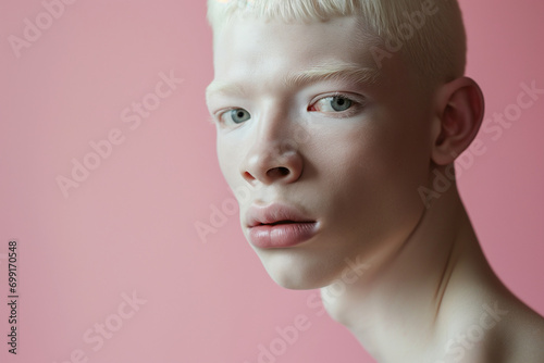 Authentic handsome man with fair skin and white hair on a pink background © Darya Lavinskaya