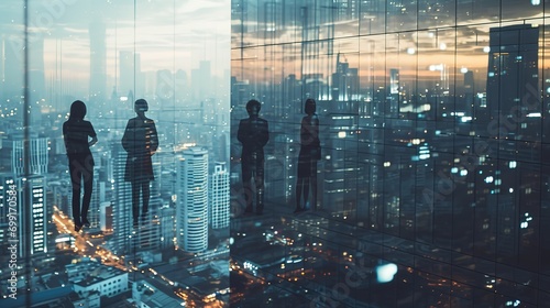 Multiple exposure shot of colleagues using a tablet superimposed over a city