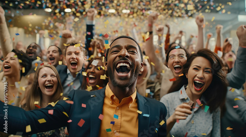 A diverse team of employees celebrating a resounding success in their office space, surrounded by a cascade of confetti
