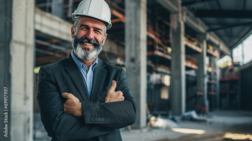 older owner engineer with beard mustache on face standing smile with his arms crossed at construction factory site photo