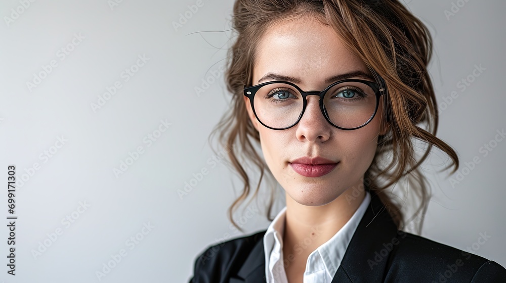 pretty businesswoman wearing eyeglasses standing in the office copy space ad new isolated over bright white color background