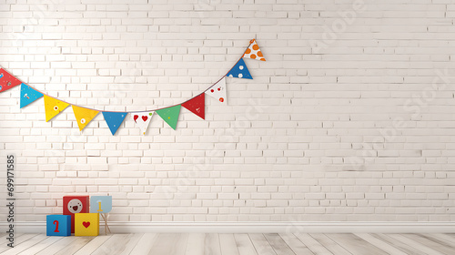 Fototapeta Naklejka Na Ścianę i Meble -  White brick wall decorated by colorful cartoon flag for children. Generative Ai