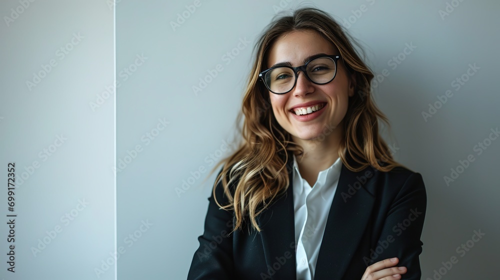Portrait of a happy young businesswoman smiling at camera copy space ad new isolated over bright white color background Portrait of a happy young businesswoman smiling at camera copy space ad new isolated over bright white color background