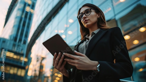 Portrait of a successful business woman using digital tablet in front of modern business building, + --ar 16:9 --v 6 Job ID: 48db5d99-2ca7-4da3-970c-fe57a78cacbc