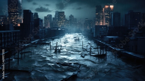 flooded urban area, emphasizing the consequences of extreme weather events generative ai