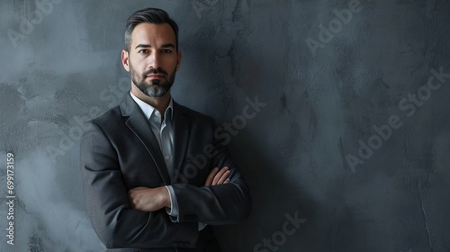 Portrait of caucasian business man looking at camera and smiling. Confident mature male professional is in suit