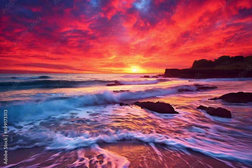 Beautiful sunset at the beach,  Colorful sky with clouds