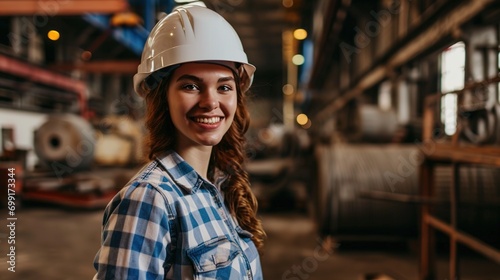 portrait of cheerful young woman wearing hardhat smiling happily looking at camera while posing confidently in production workshop, copy space