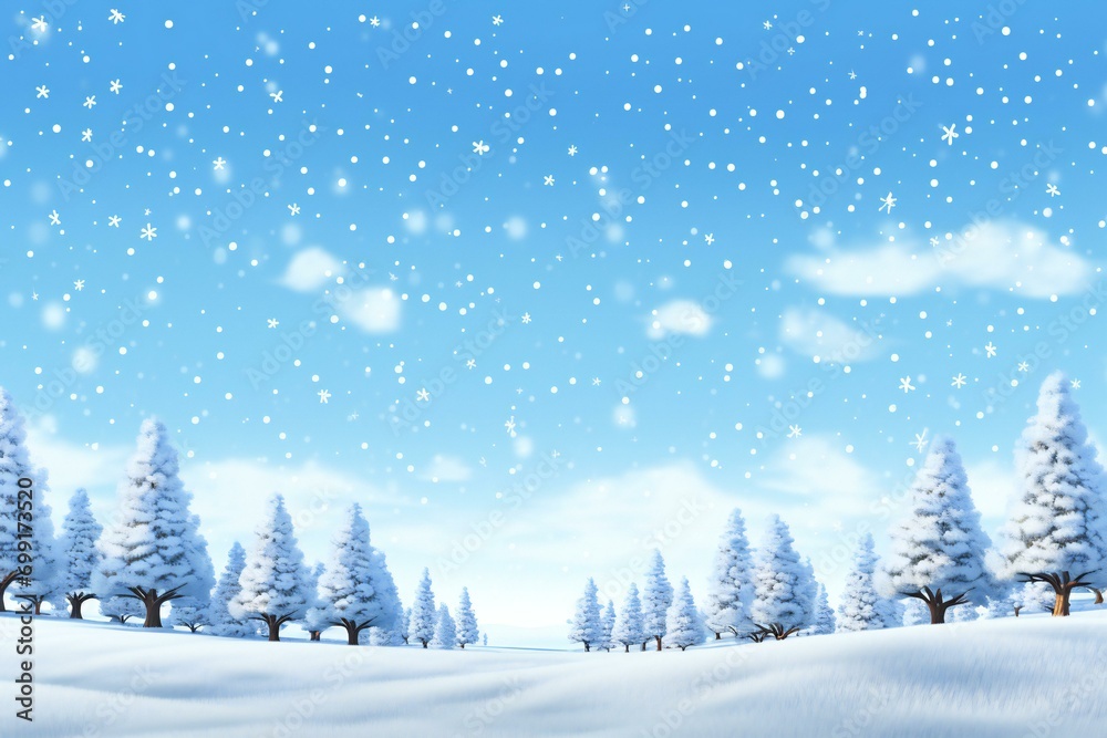 Winter landscape with fir trees and snowflakes