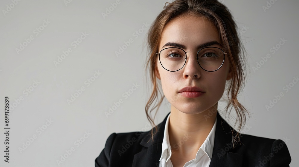 Portrait of confident businesswoman standing against white background and looking at camera copy space ad new isolated over bright white color background