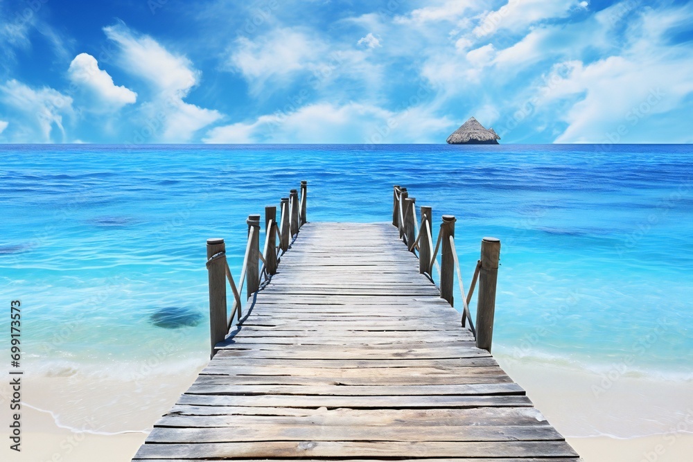 Wooden pier leading to beautiful tropical beach with blue sea and sky