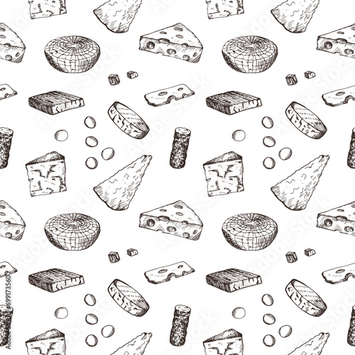 Cheese sketch with ink engraving seamless pattern hand drawn vector illustration. Repeating background with different kind of cheese, food ,snack. Design element for template, print, paper, card, menu photo