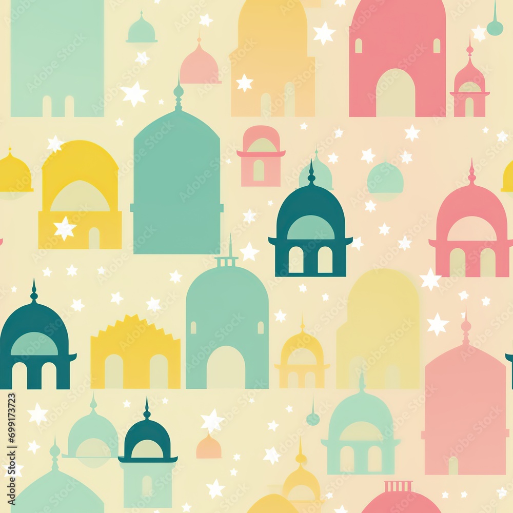 Colorful islamic seamless pattern with mosque and stars for Ramadan Kareem.
