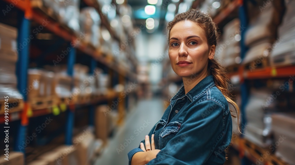 Portrait of Female Warehouse Supervisor working in leading distribution warehouse. She having skilled in audit daily operations, while controlling and managing inventory and logistics