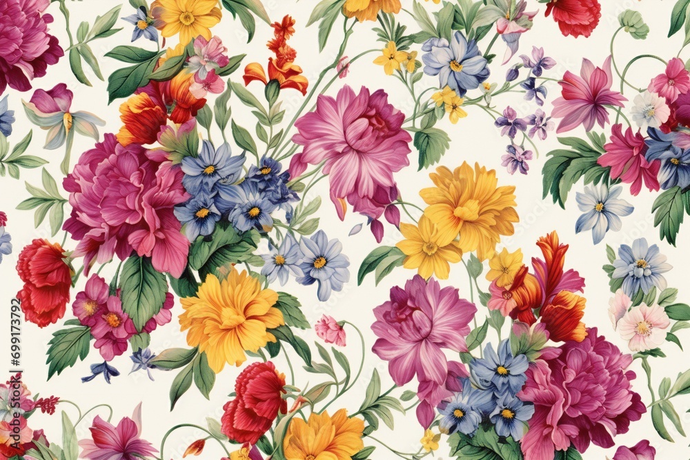 Seamless floral pattern with colorful flowers,  Hand-drawn illustration