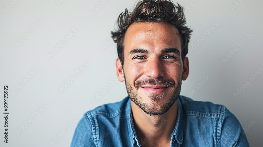 Fototapeta premium Portrait of handsome man in blue shirt with smiling face. on white background
