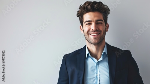 Photographie Portrait of handsome caucasian man in formal suit looking at camera smiling with toothy smile isolated in white background