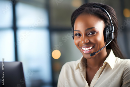 Customer service assistant working in office. Handsome African American female helpline worker using computer in call centre office. VOIP Helpdesk headset.