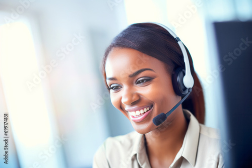 Customer service assistant working in office. Handsome African American female helpline worker using computer in call centre office. VOIP Helpdesk headset.