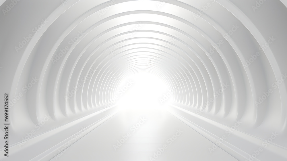 White futuristic tunnel leading to light. Wide angle. Modern style abstract 3d rendered background. Generative Ai White futuristic tunnel leading to light. Wide angle. Modern style abstract 3d rendered background. Generative Ai