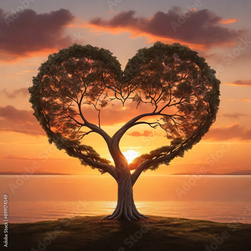 A heart-shaped tree with a sunset background for valentine day