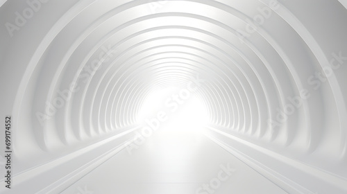 White futuristic tunnel leading to light. Wide angle. Modern style abstract 3d rendered background. Generative Ai