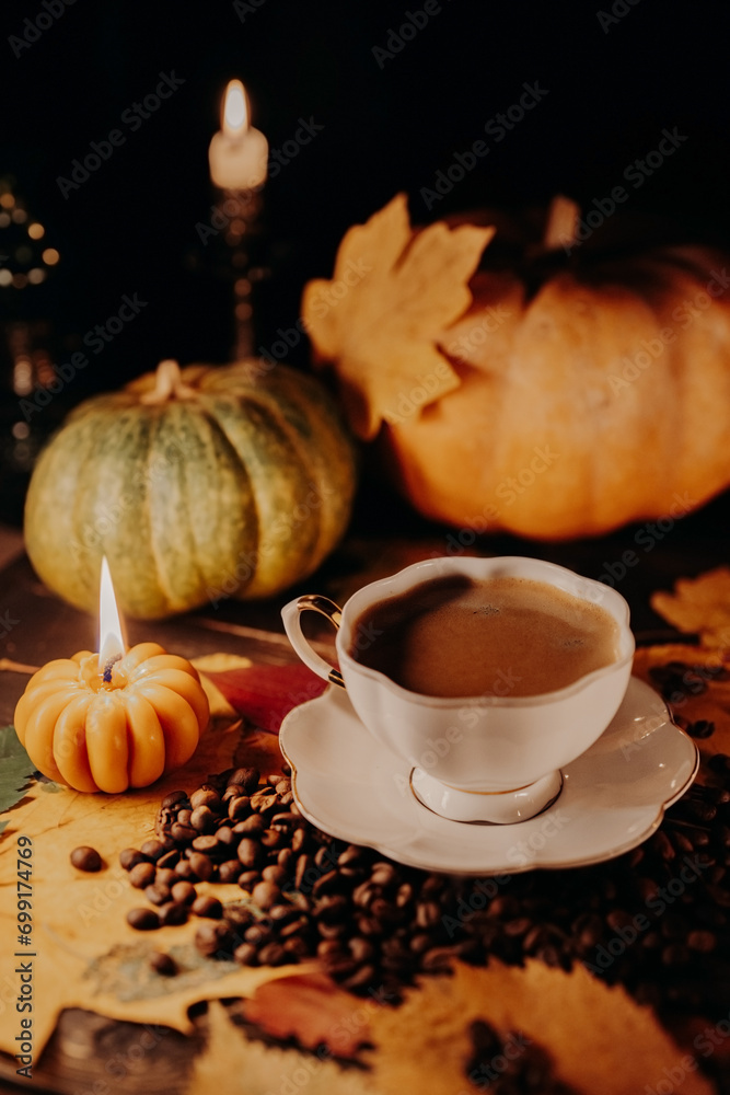 Comforting charm, autumn coffee scene. Nostalgic, retro allure. Candles flicker. Comforting charm, autumn coffee scene. Nostalgic, retro allure. Candles flicker.