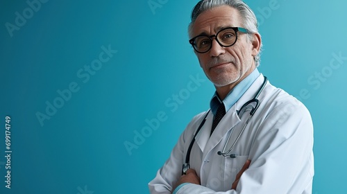 Portrait of mature doctor with eyeglasses copy space ad new isolated over bright blue color background 