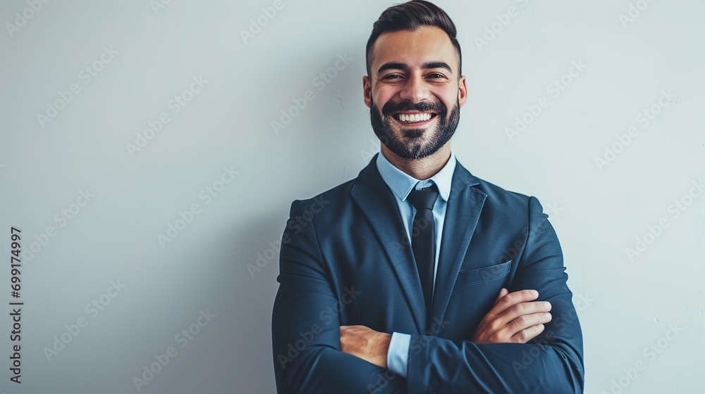 Portrait of smiling business man with crossed arms looking at camera with smile copy space ad new isolated over bright white color background Portrait of smiling business man with crossed arms looking at camera with smile copy space ad new isolated over bright white color background
